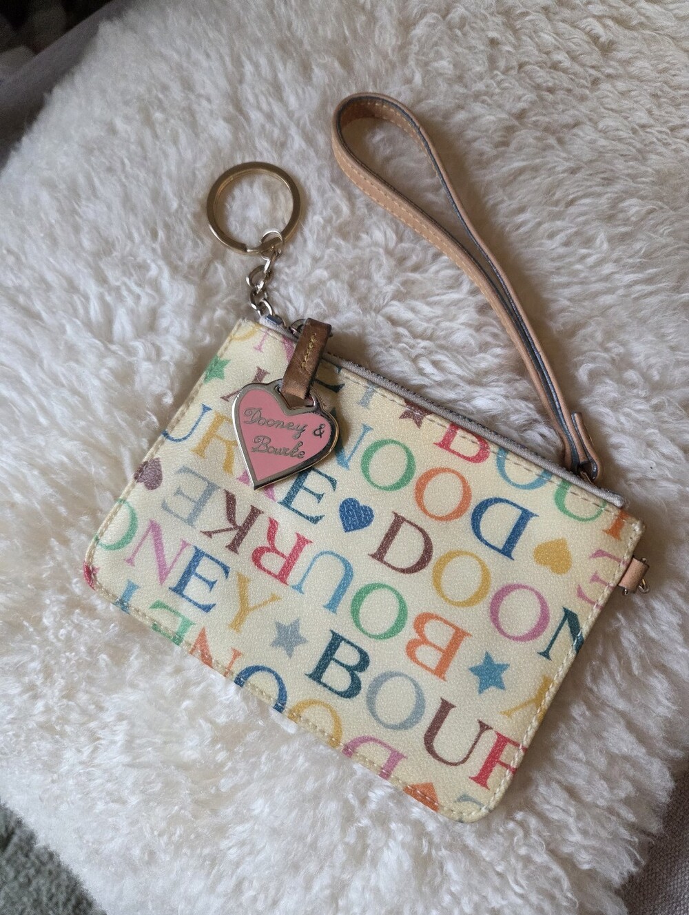 Vintage Y2K Dooney & Bourke Rainbow Monogram Wristlet Pouch Keyring Heart Charm